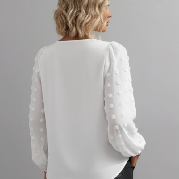 White Chiffon Swiss Dot Lantern Sleeve V-Neck Shirt - Picture 4 of 8